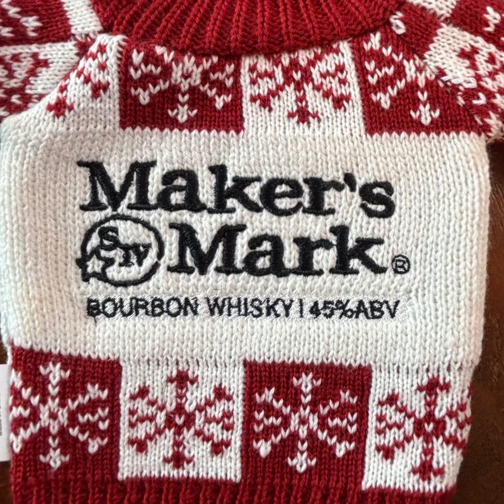 Makers Mark Bourbon Whisky Bottle Sweater Red White Snowflake Holiday Barware